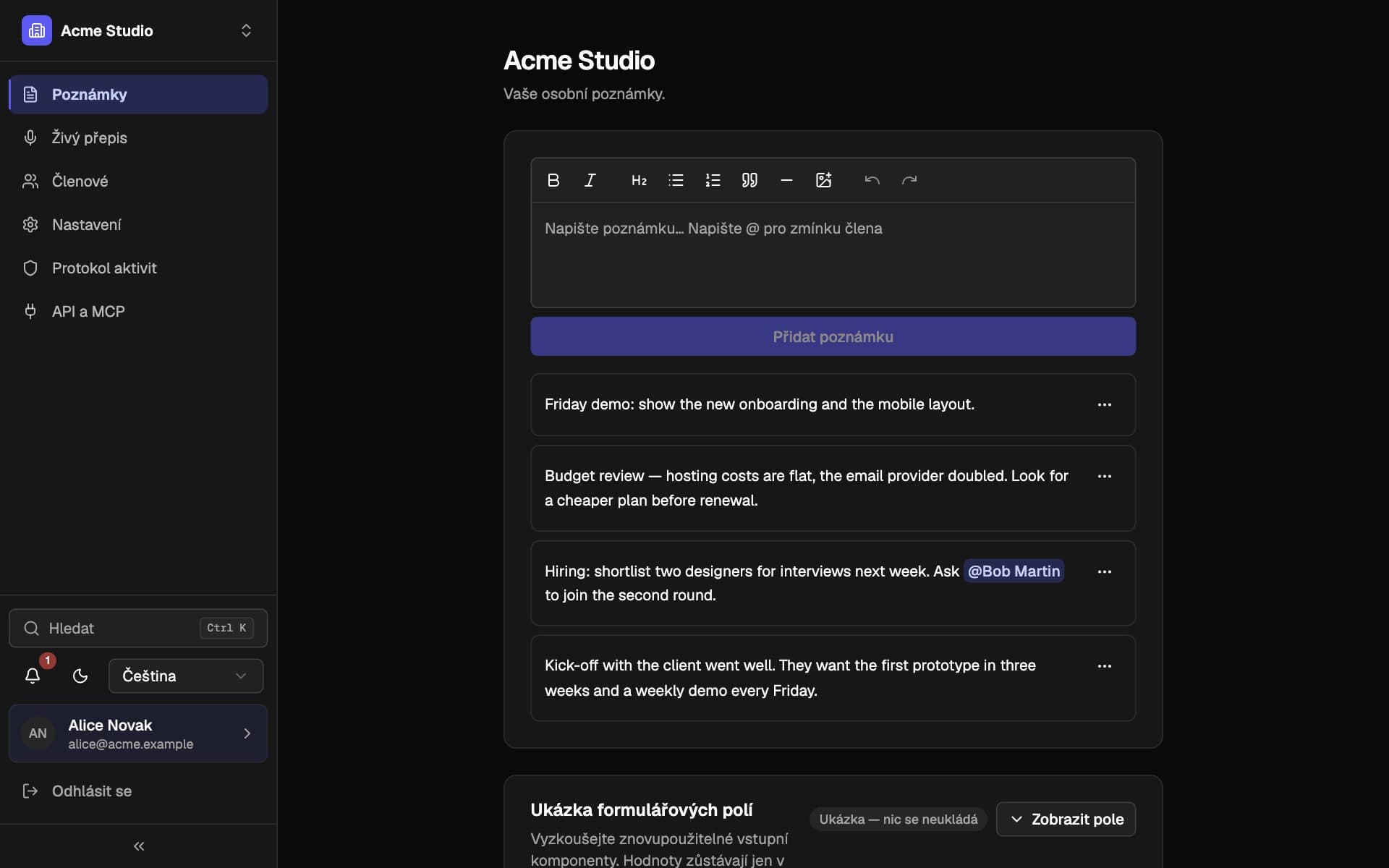 Stránka poznámek v pracovním prostoru Acme Studio se seznamem formátovaných poznámek